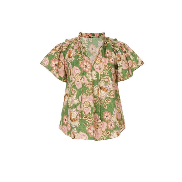 MISA Suparna Green Floral Print Cap Sleeve Tie Neck Peasant Blouse Size Large - Picture 5 of 14